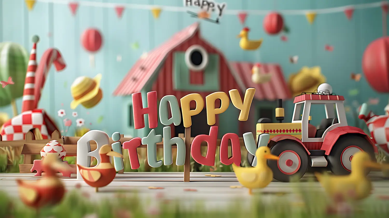 Ein dynamisches Papierkunst-Banner mit der Aufschrift „Happy Birthday“ umgeben von Papierscheunen.
